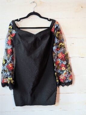 WOW couture Black Mini Bandage Dress with Multicolor Floral Lace Sleeves